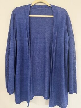 Eileen Fisher Cornflower Blue 100% Linen open front lightweight cardigan sweater